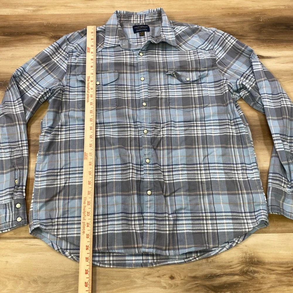 Lucky Brand Western Shirt Mens XL Plaid Saturday Stretch Pearl Snap Blue Grey - Picture 5 of 9